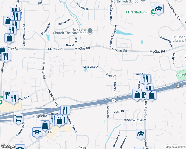 map of restaurants, bars, coffee shops, grocery stores, and more near 831 Saravalle Drive in Saint Peters