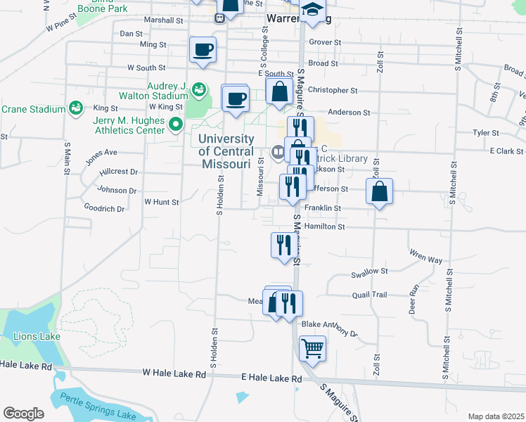map of restaurants, bars, coffee shops, grocery stores, and more near 200 Carpenter Street in Warrensburg