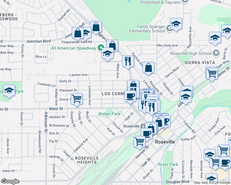 map of restaurants, bars, coffee shops, grocery stores, and more near 332 Pleasant Street in Roseville