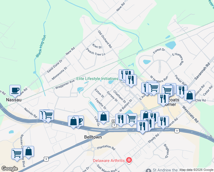 map of restaurants, bars, coffee shops, grocery stores, and more near 33120 North Village Loop in Lewes