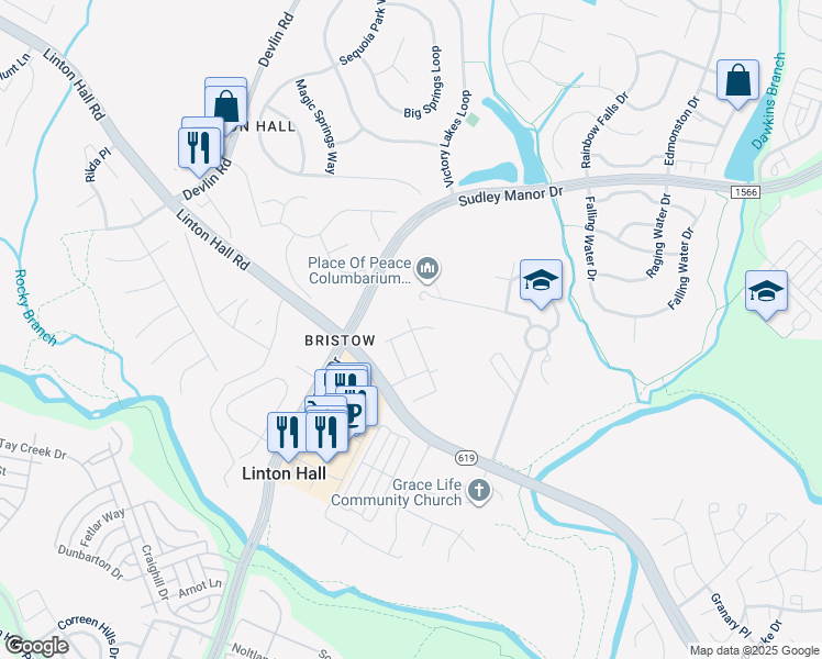 map of restaurants, bars, coffee shops, grocery stores, and more near 9285 Crestview Ridge Drive in Linton Hall