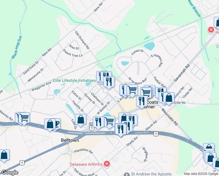 map of restaurants, bars, coffee shops, grocery stores, and more near 33323 East Chesapeake Street in Lewes