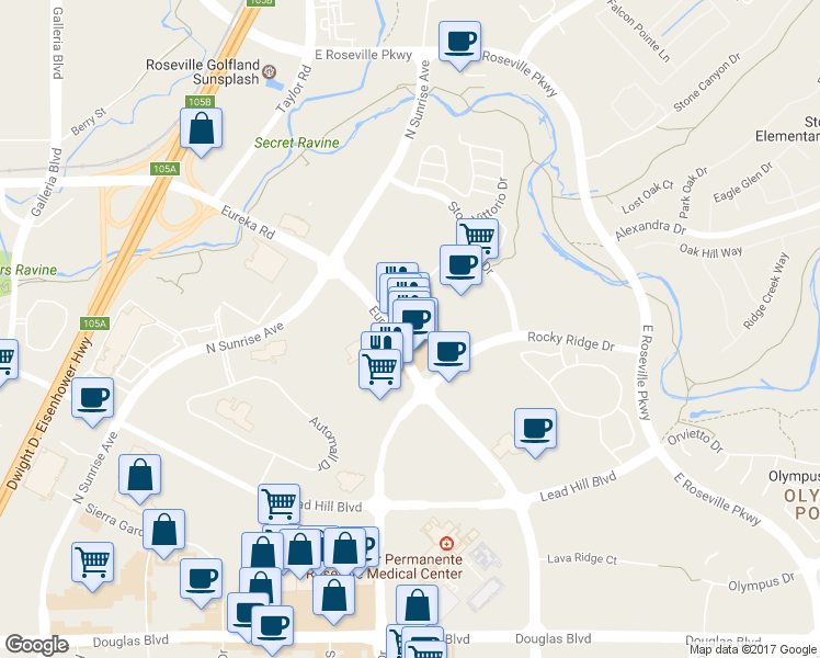 map of restaurants, bars, coffee shops, grocery stores, and more near 1455 Eureka Road in Roseville
