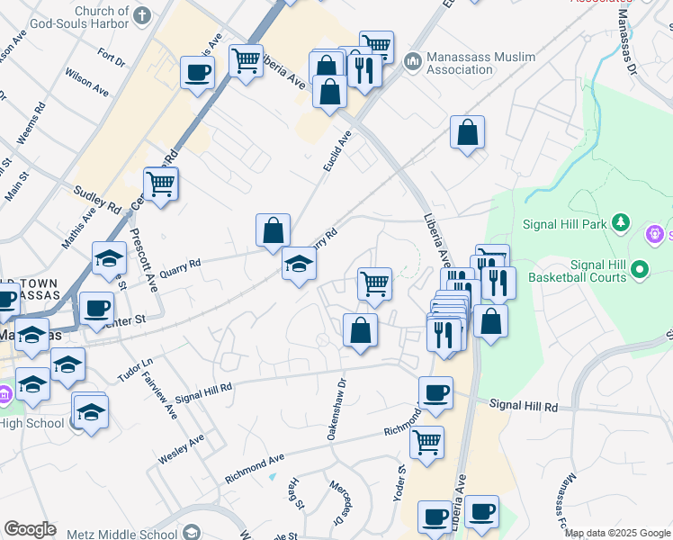 map of restaurants, bars, coffee shops, grocery stores, and more near 9564 Cannoneer Court in Manassas