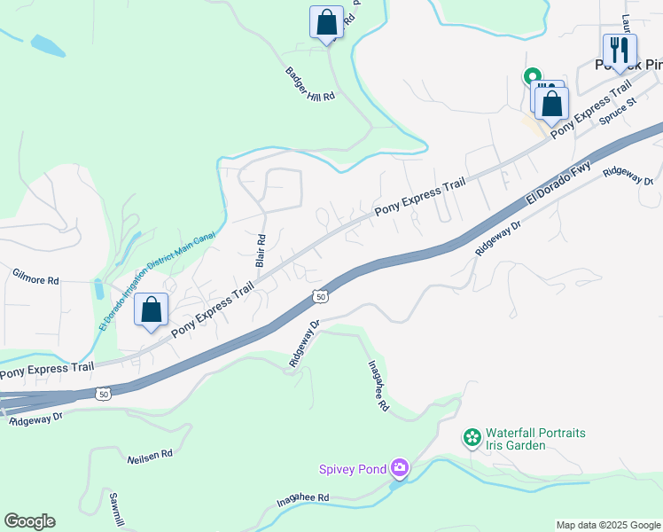 map of restaurants, bars, coffee shops, grocery stores, and more near 5840 Pony Express Trail in Pollock Pines