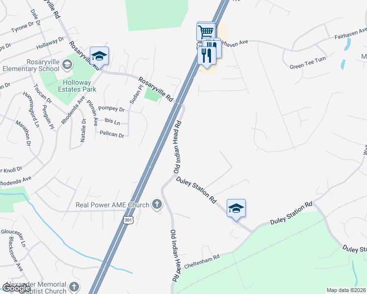 map of restaurants, bars, coffee shops, grocery stores, and more near 9900 Old Indian Head Road in Upper Marlboro