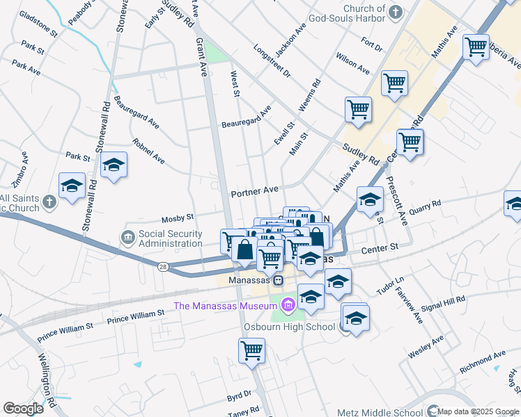 map of restaurants, bars, coffee shops, grocery stores, and more near 9309 West Street in Manassas