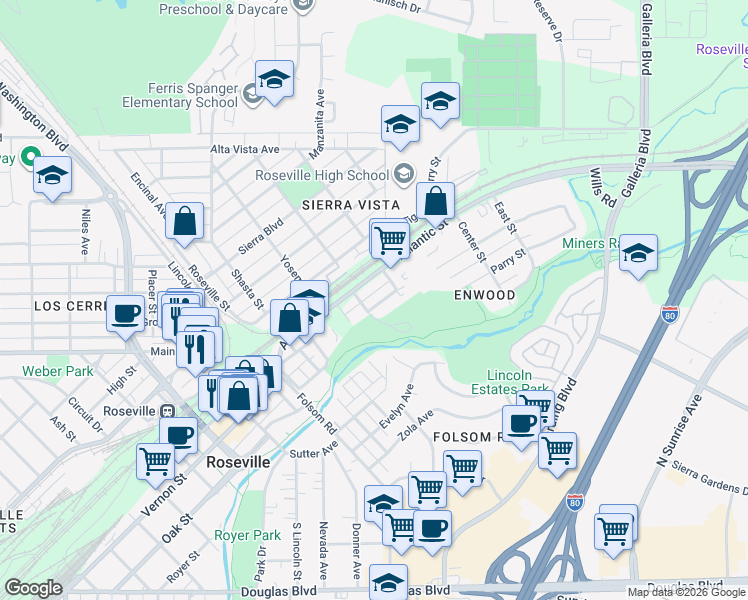 map of restaurants, bars, coffee shops, grocery stores, and more near 600 Atlantic Street in Roseville