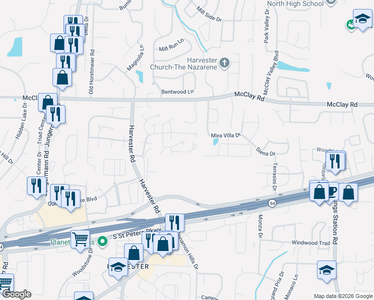 map of restaurants, bars, coffee shops, grocery stores, and more near 755 Sugar Glen Drive in St. Peters