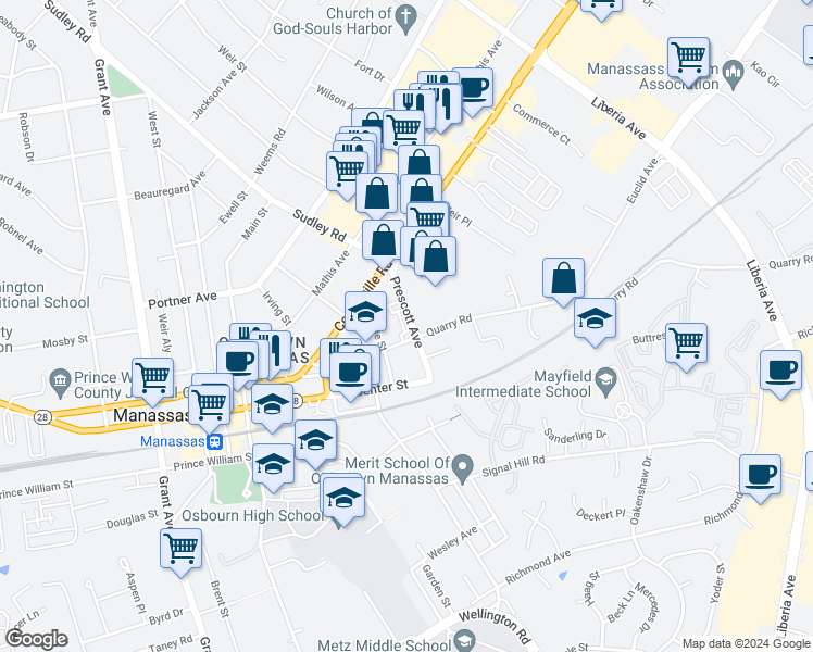 map of restaurants, bars, coffee shops, grocery stores, and more near 9252 Prescott Avenue in Manassas