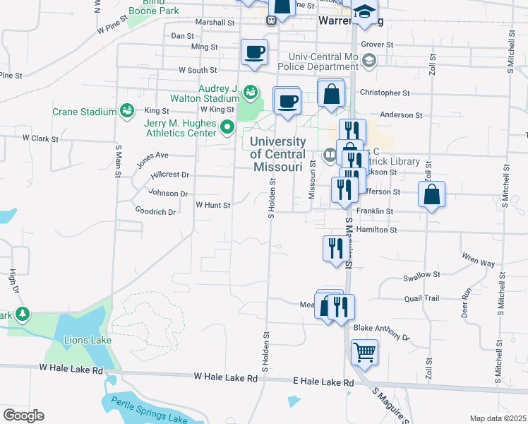 map of restaurants, bars, coffee shops, grocery stores, and more near 800 South Holden Street in Warrensburg
