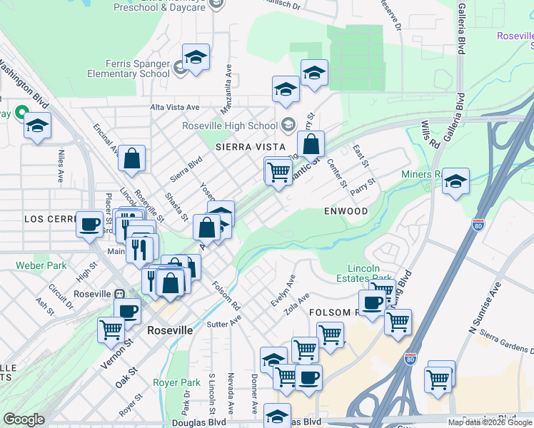 map of restaurants, bars, coffee shops, grocery stores, and more near 600 Atlantic Street in Roseville