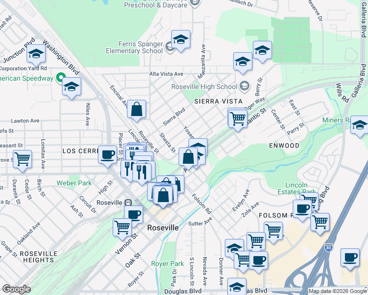 map of restaurants, bars, coffee shops, grocery stores, and more near 229 Tahoe Avenue in Roseville