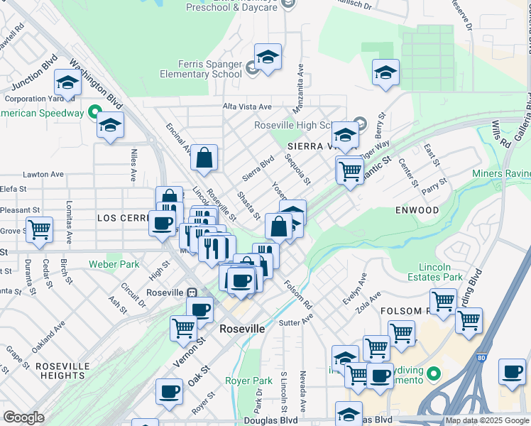 map of restaurants, bars, coffee shops, grocery stores, and more near 128 Shasta Street in Roseville
