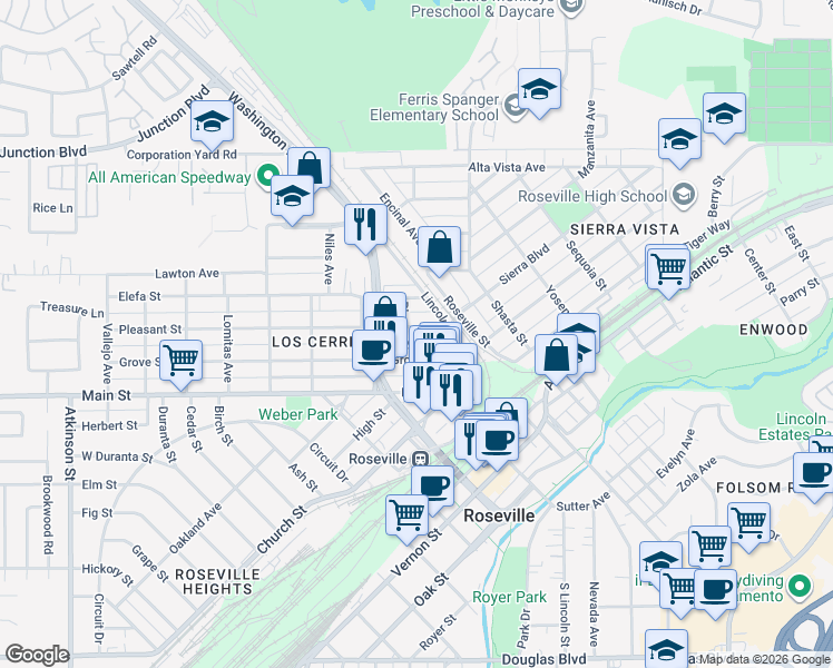 map of restaurants, bars, coffee shops, grocery stores, and more near 200 Pleasant Street in Roseville