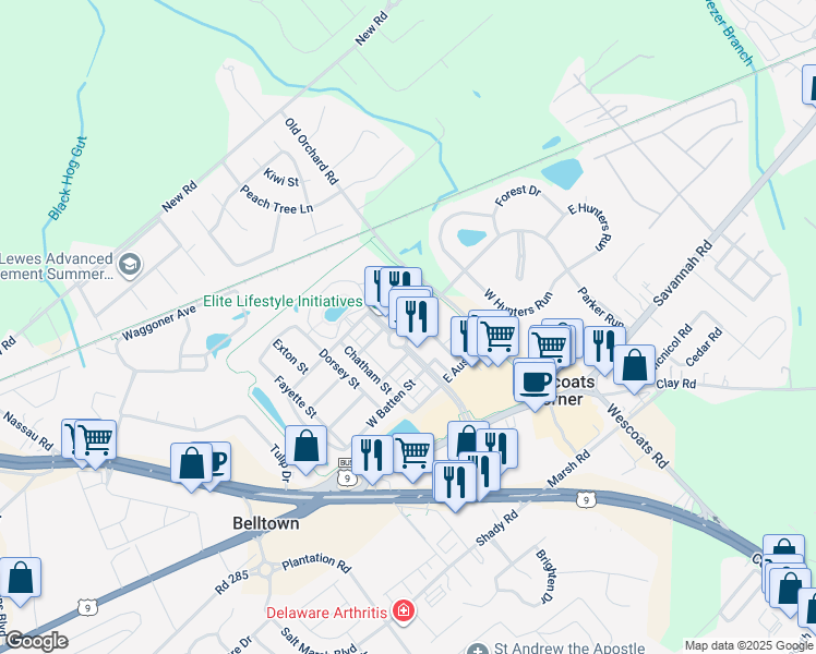 map of restaurants, bars, coffee shops, grocery stores, and more near 33323 East Chesapeake Street in Lewes