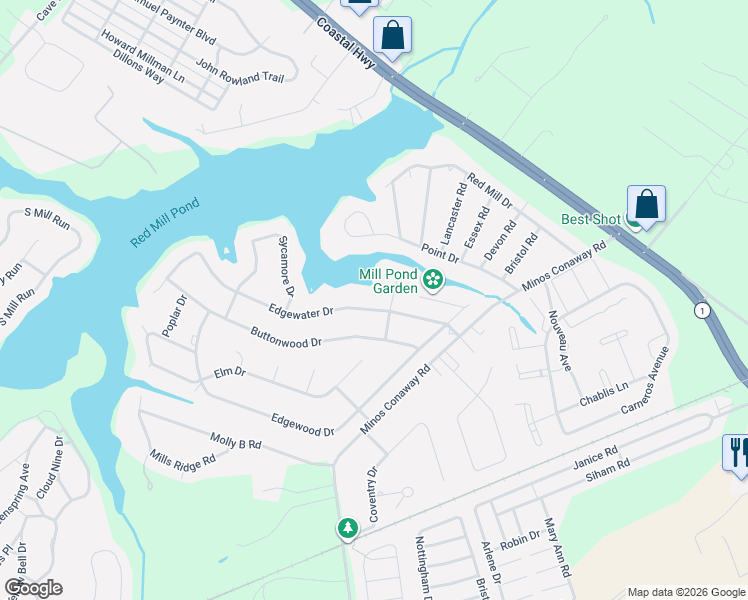 map of restaurants, bars, coffee shops, grocery stores, and more near 31047 Edgewater Drive in Lewes