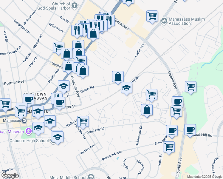 map of restaurants, bars, coffee shops, grocery stores, and more near 10106 Holland Court in Manassas