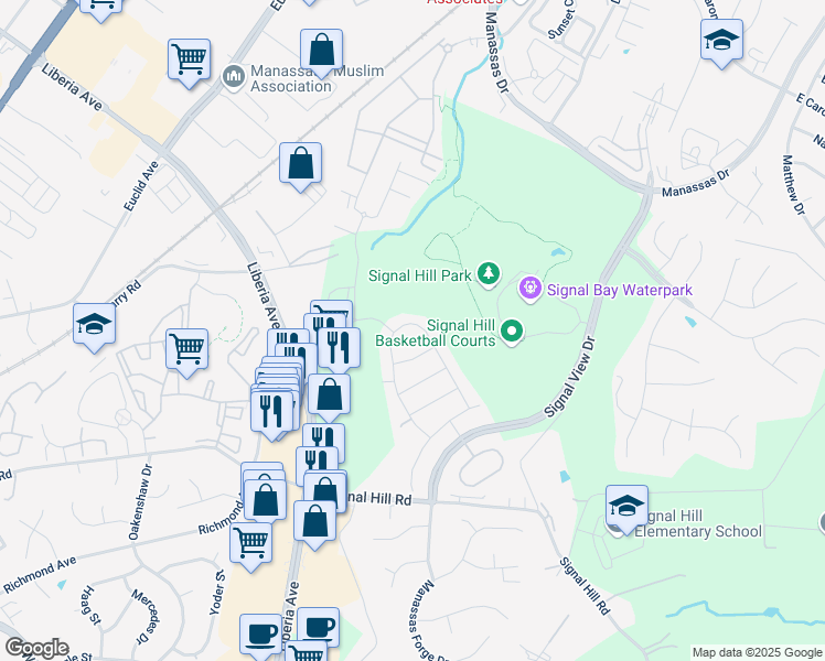map of restaurants, bars, coffee shops, grocery stores, and more near 8123 Skystone Loop in Manassas