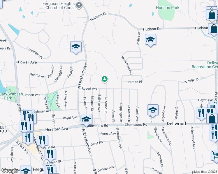 map of restaurants, bars, coffee shops, grocery stores, and more near 639 Robert Avenue in Ferguson