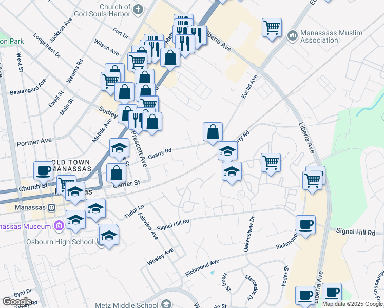 map of restaurants, bars, coffee shops, grocery stores, and more near 8737 Quarry Road in Manassas