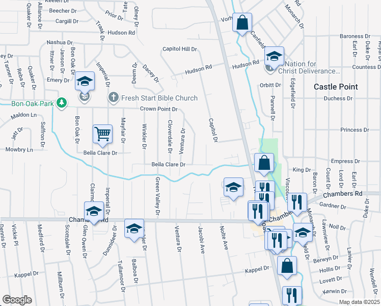 map of restaurants, bars, coffee shops, grocery stores, and more near 10124 Ventura Drive in St. Louis