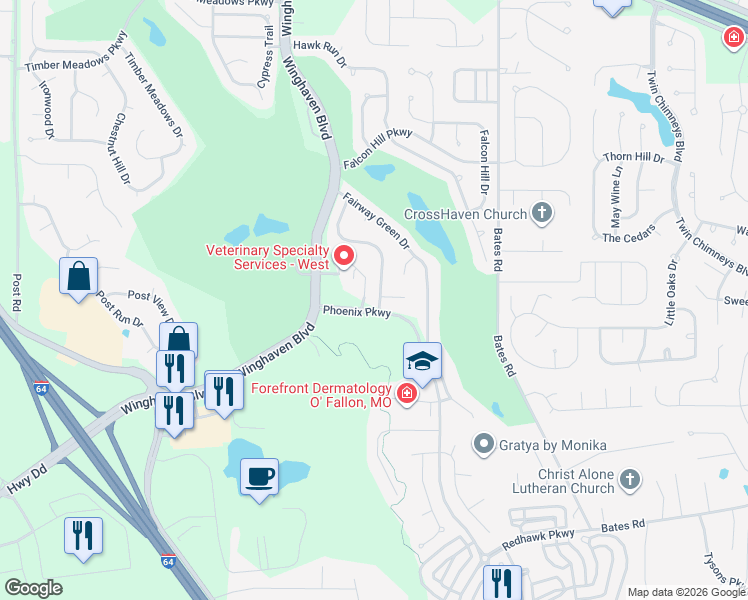 map of restaurants, bars, coffee shops, grocery stores, and more near 164 Bayhill Village Drive in O'Fallon