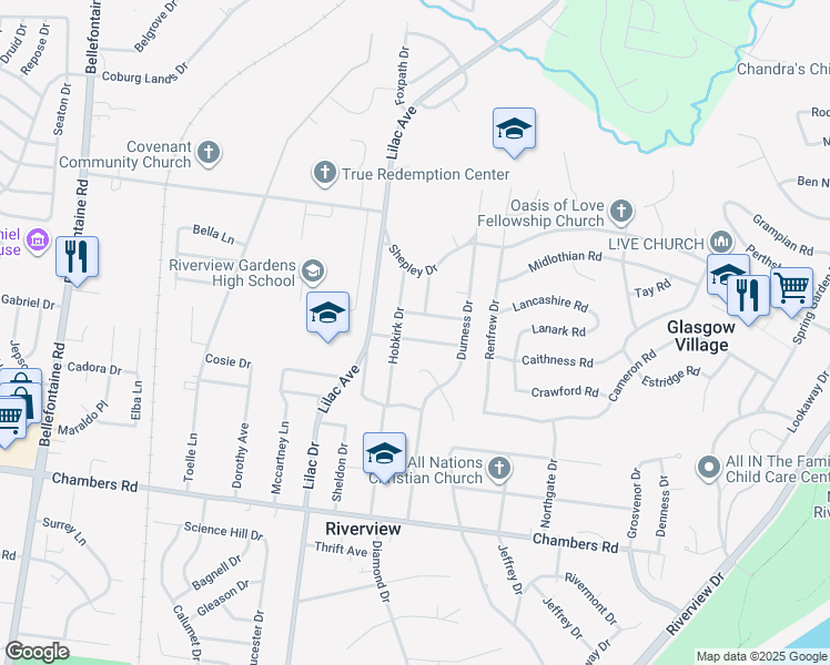map of restaurants, bars, coffee shops, grocery stores, and more near 539 Dornoch Drive in St. Louis