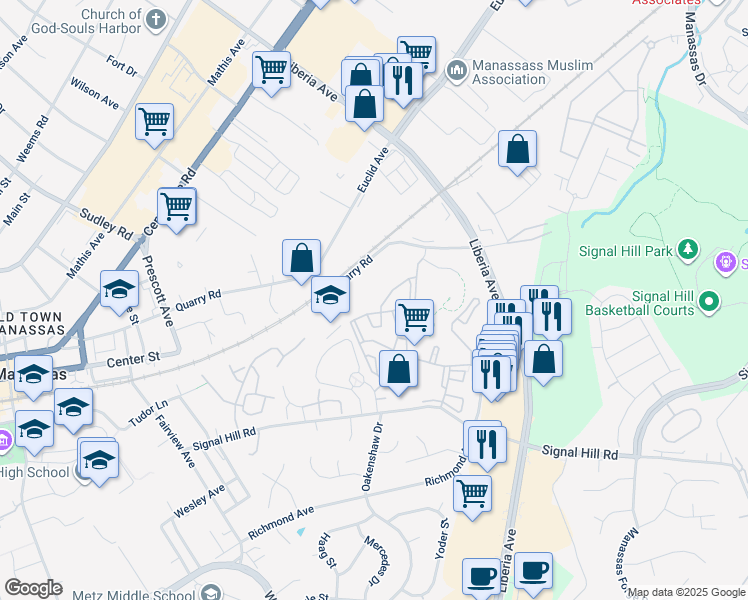 map of restaurants, bars, coffee shops, grocery stores, and more near 9564 Cannoneer Court in Manassas
