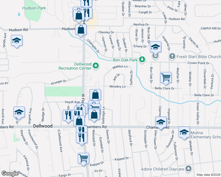 map of restaurants, bars, coffee shops, grocery stores, and more near 1628 Mowbry Lane in St. Louis