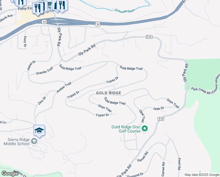 map of restaurants, bars, coffee shops, grocery stores, and more near 3572 Gold Ridge Trail in Pollock Pines