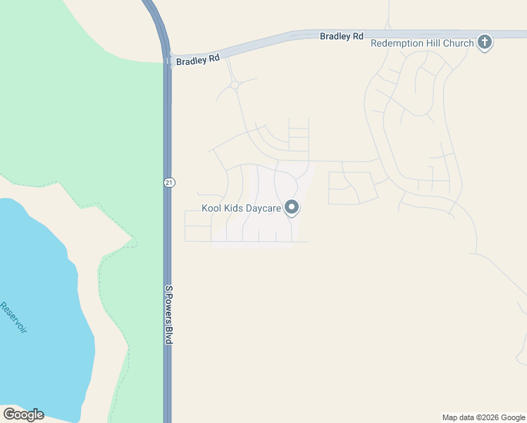 map of restaurants, bars, coffee shops, grocery stores, and more near South Powers Boulevard in Colorado Springs