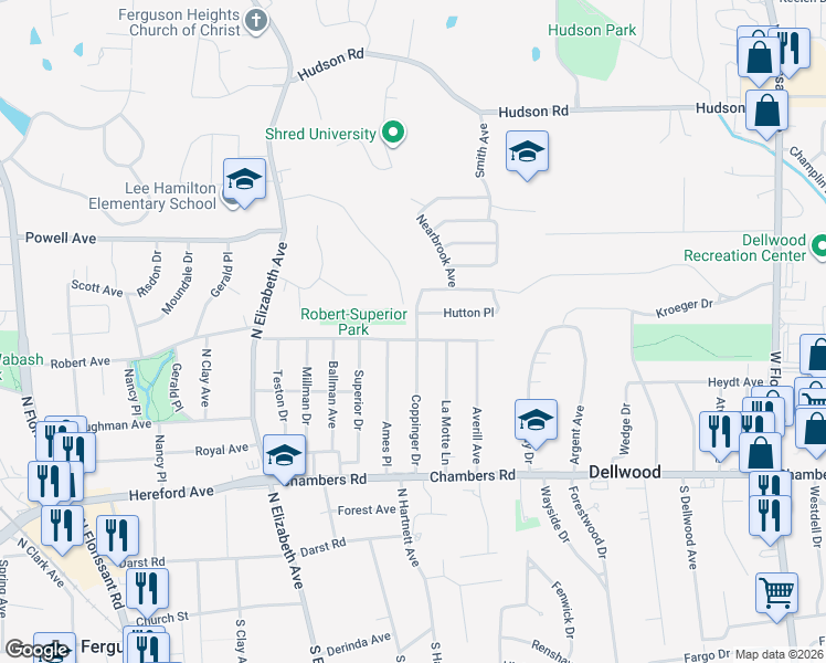 map of restaurants, bars, coffee shops, grocery stores, and more near 625 Coppinger Drive in St. Louis