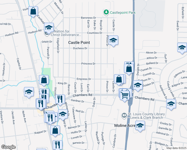 map of restaurants, bars, coffee shops, grocery stores, and more near 10121 Duke Drive in St. Louis