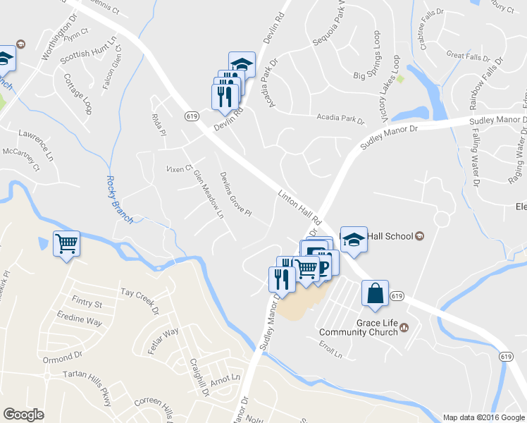 map of restaurants, bars, coffee shops, grocery stores, and more near 9345 Devlins Grove Pl in Bristow