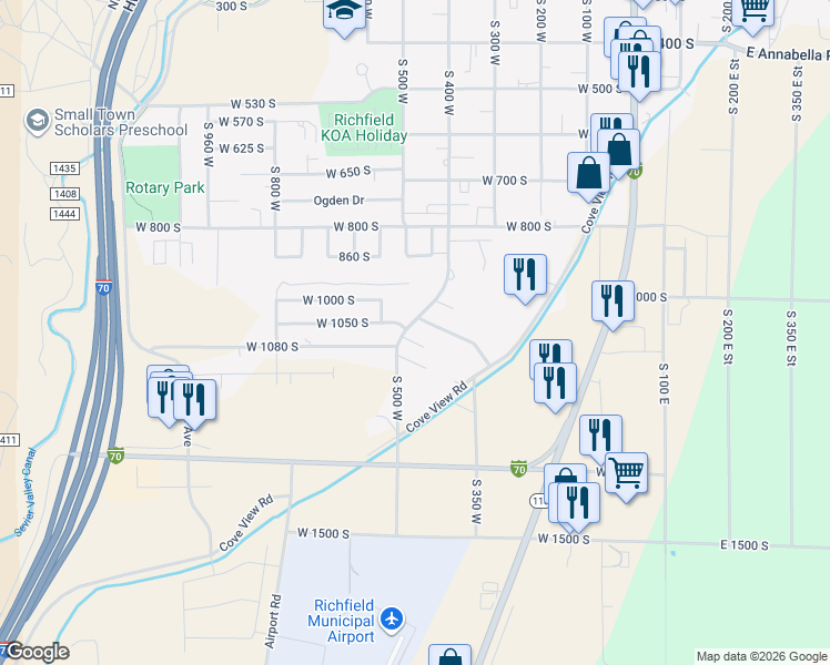 map of restaurants, bars, coffee shops, grocery stores, and more near 765 West 1100 South in Richfield