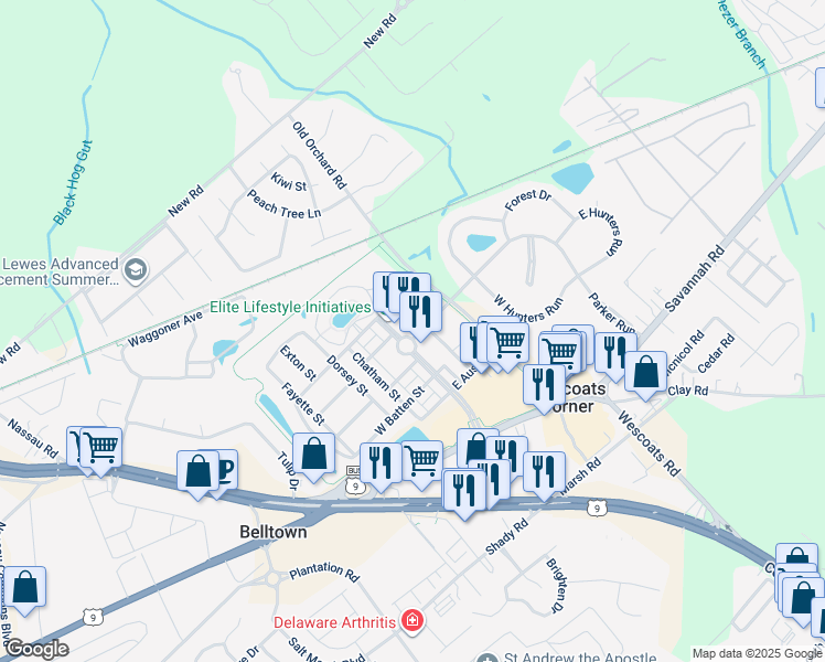 map of restaurants, bars, coffee shops, grocery stores, and more near 33323 East Chesapeake Street in Lewes