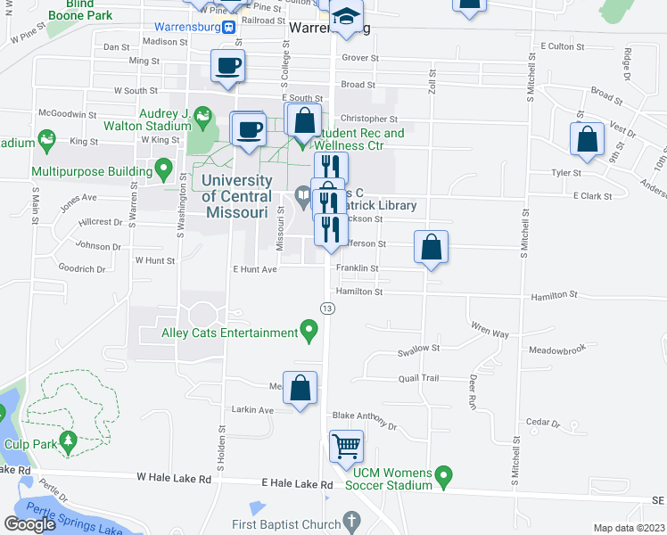 map of restaurants, bars, coffee shops, grocery stores, and more near 312 Franklin Avenue in Warrensburg