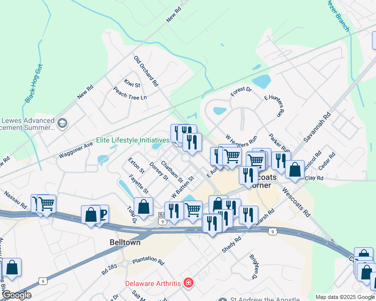 map of restaurants, bars, coffee shops, grocery stores, and more near 33323 East Chesapeake Street in Lewes