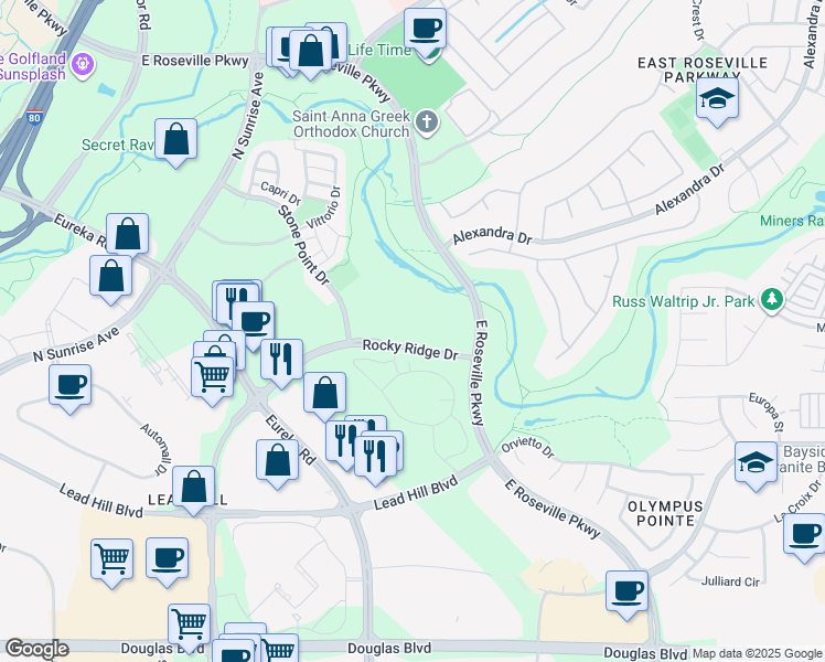 map of restaurants, bars, coffee shops, grocery stores, and more near 1410 Rocky Ridge Drive in Roseville