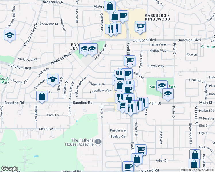 map of restaurants, bars, coffee shops, grocery stores, and more near 1363 Ridgerun Drive in Roseville