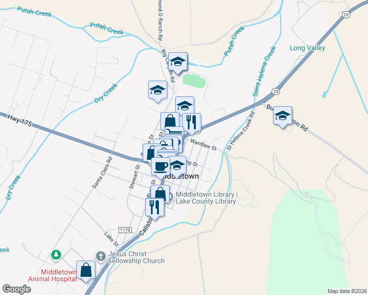 map of restaurants, bars, coffee shops, grocery stores, and more near 21058 Calistoga Road in Middletown
