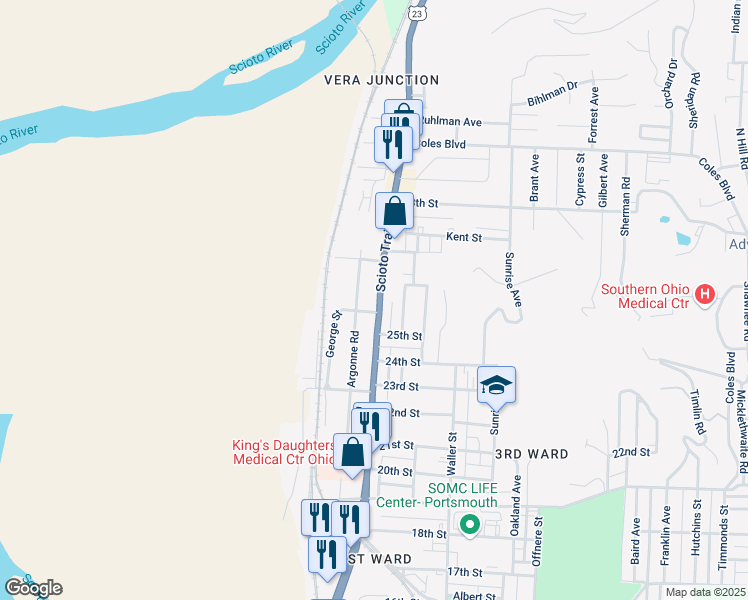 map of restaurants, bars, coffee shops, grocery stores, and more near 2543 Scioto Trail in Portsmouth