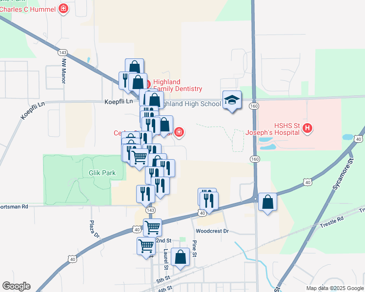 map of restaurants, bars, coffee shops, grocery stores, and more near 124 Suppiger Lane in Highland