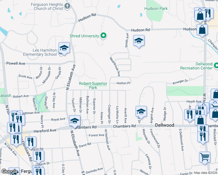 map of restaurants, bars, coffee shops, grocery stores, and more near 625 Coppinger Drive in St. Louis