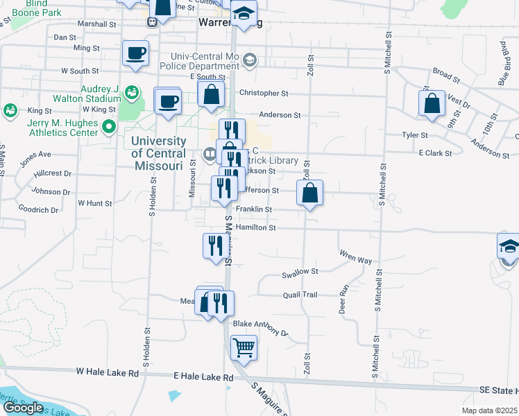 map of restaurants, bars, coffee shops, grocery stores, and more near 311 Franklin Street in Warrensburg