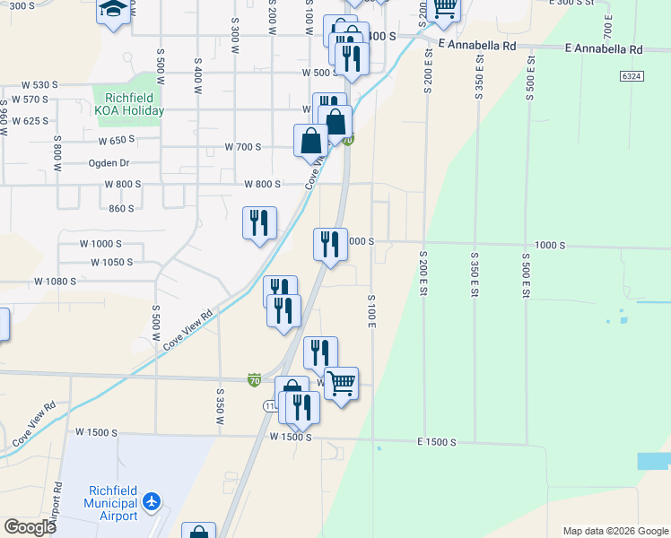 map of restaurants, bars, coffee shops, grocery stores, and more near 20 East West 1050 South in Richfield