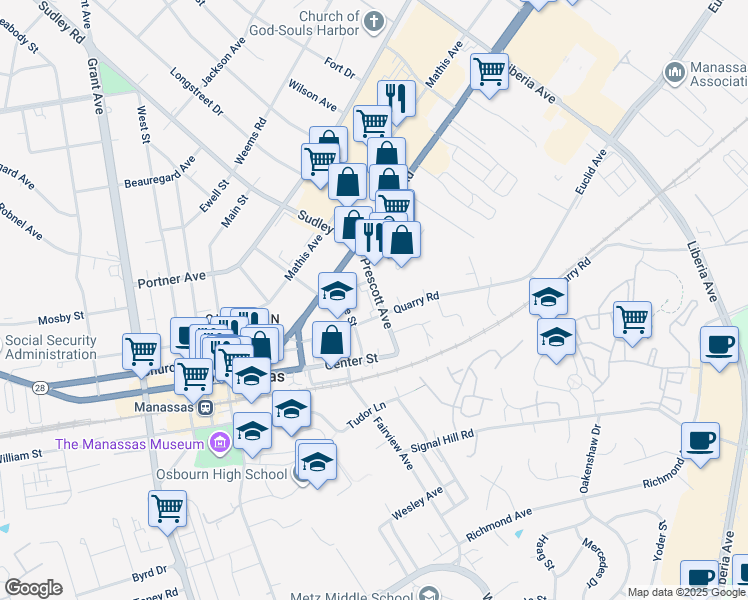 map of restaurants, bars, coffee shops, grocery stores, and more near 9244 Prescott Avenue in Manassas