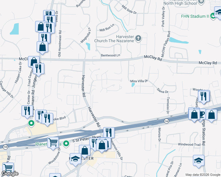 map of restaurants, bars, coffee shops, grocery stores, and more near 745 Sugar Glen Drive in St. Peters