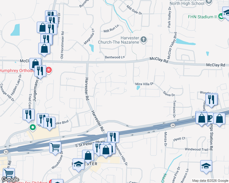map of restaurants, bars, coffee shops, grocery stores, and more near 745 Sugar Glen Drive in St. Peters